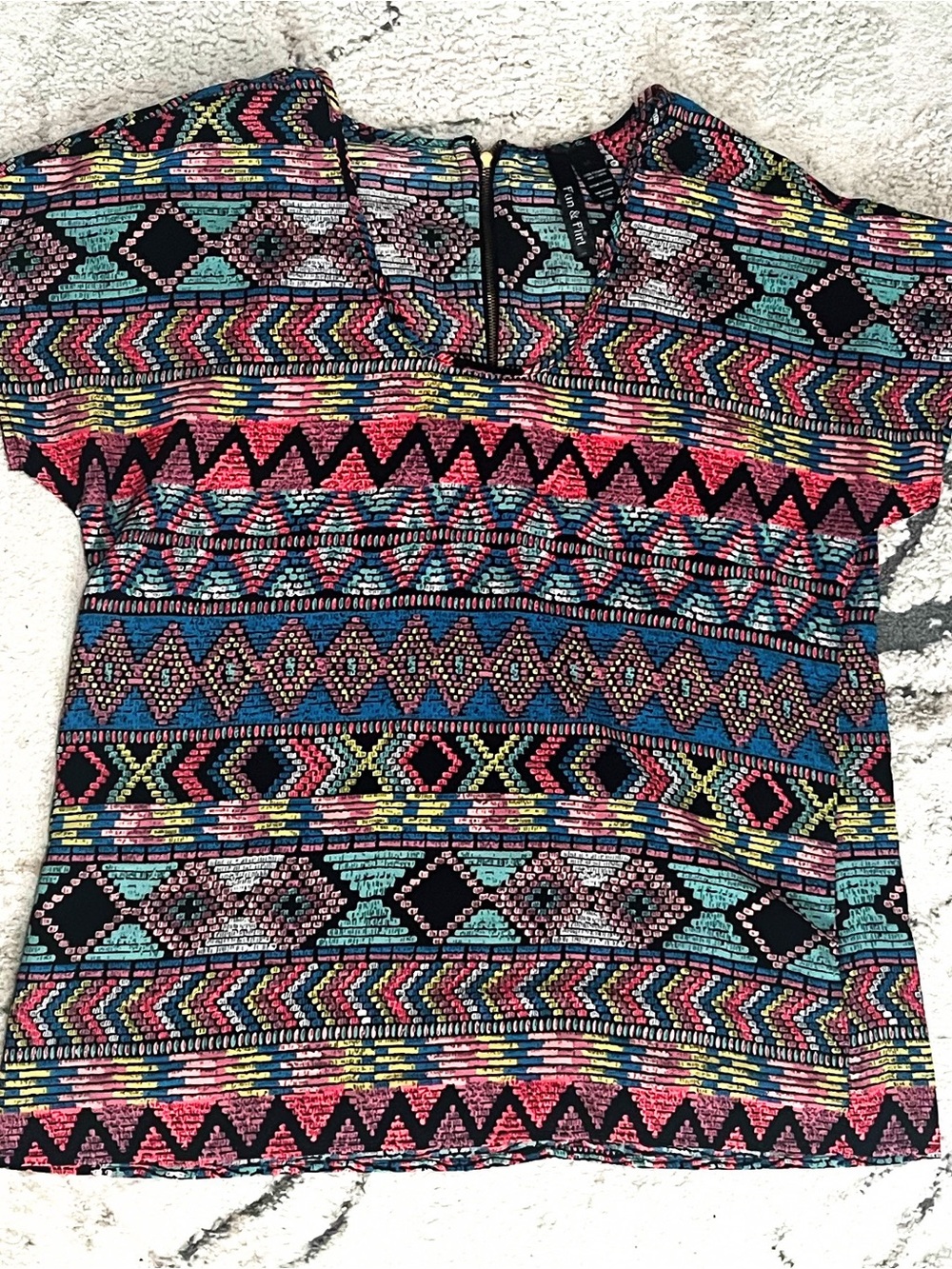 Fun & Flirt Multicolor Aztec-Pattern Short Sleeve Top